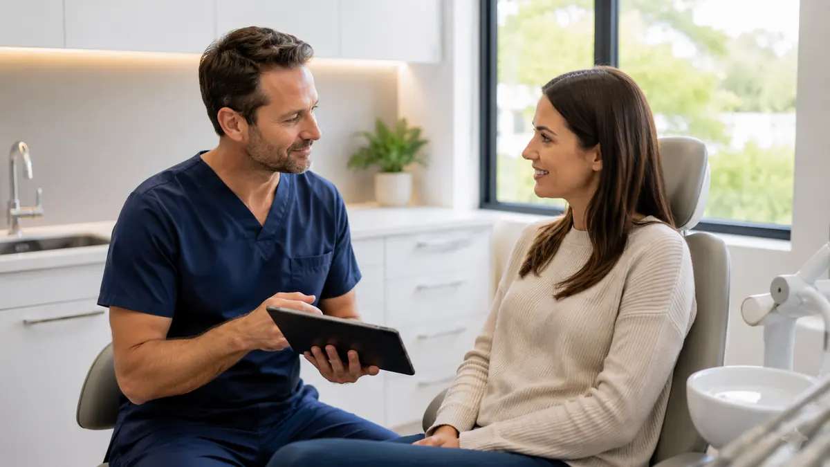 Dentist discussing tooth infection treatment options with a patient at Pure Bliss Dental Care