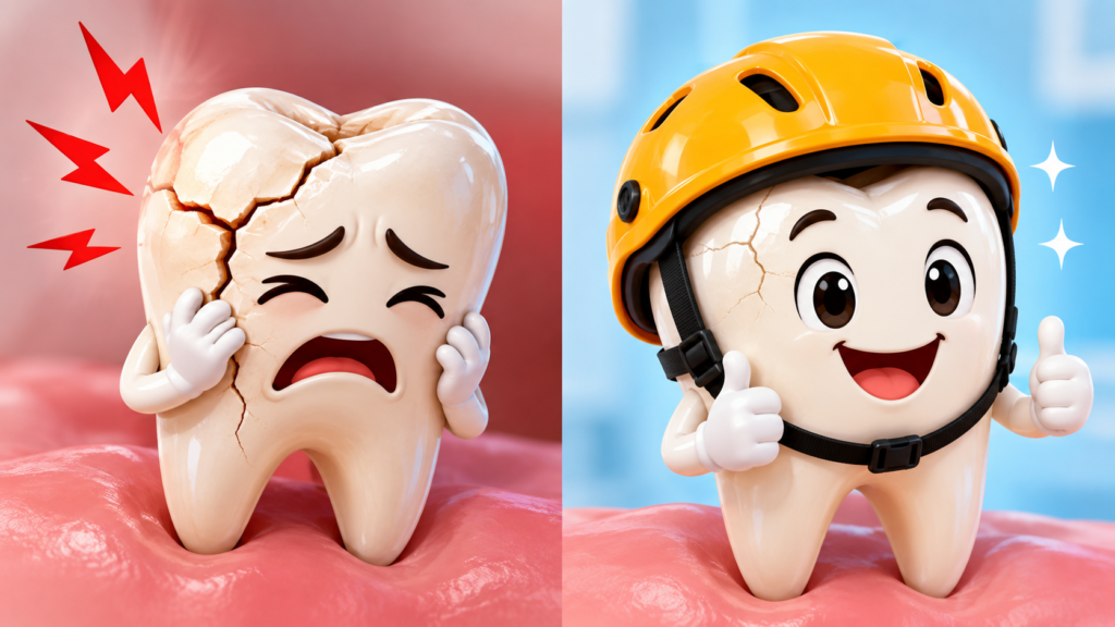 Cracked tooth with pain beside a protected smiling tooth, illustrating cracked tooth symptoms and treatment in Rochedale South.